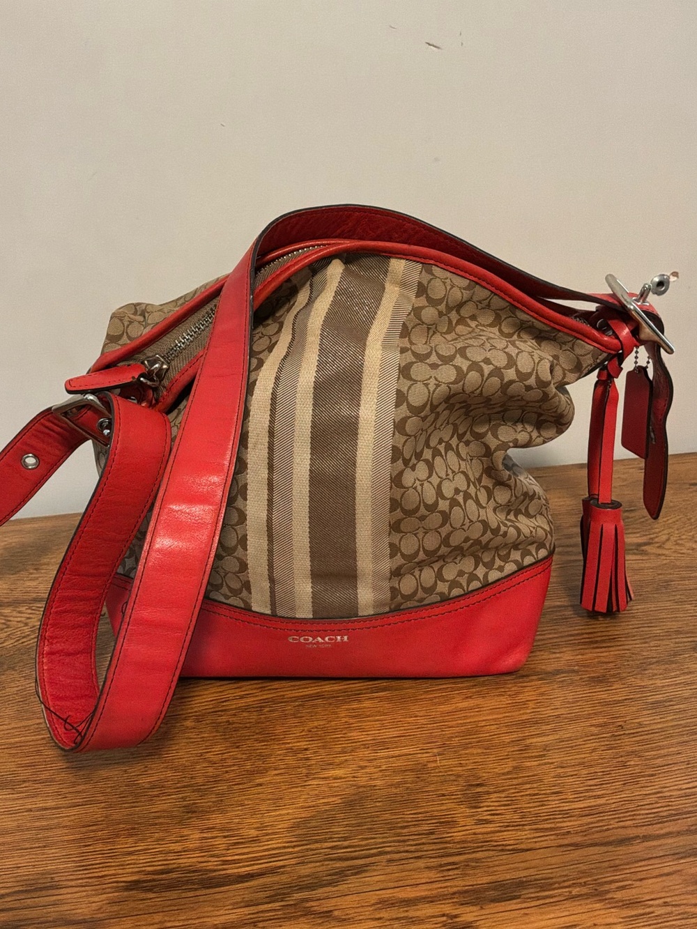 Coach Signature Stripe Duffle Bag with Red Trim L1371-29621E